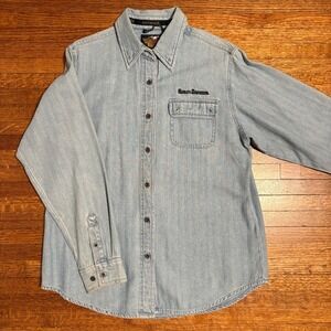 Harley Davidson Womens Denim Shirt L Motorcycle Biker Button Up Long‎ Sleeve